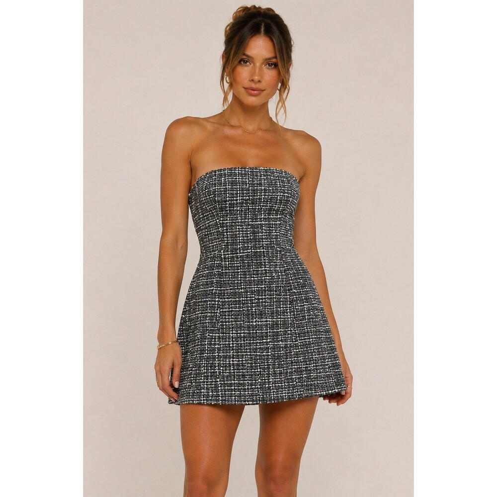 Lulus Black White Tweed Corset Mini Dress Lace Up Back Strapless Size M